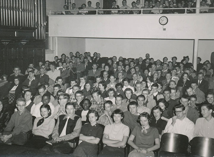 Students attending Chapel in Ramseyer Auditorium