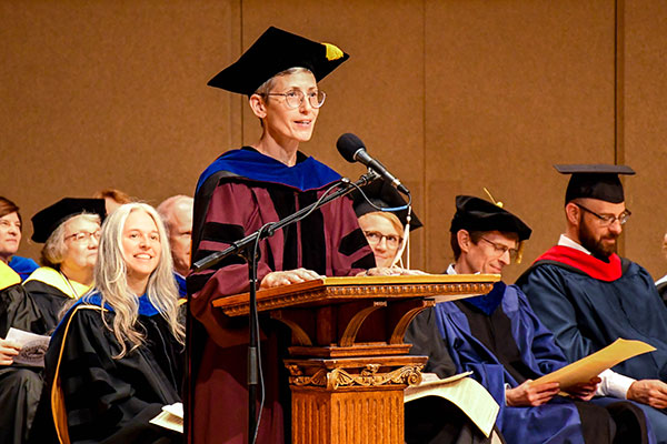 Dr. Sarah Fedirka, of the University of Findlay, presented the Opening Convocation address. Faculty don academic regalia for this official beginning of the academic year.