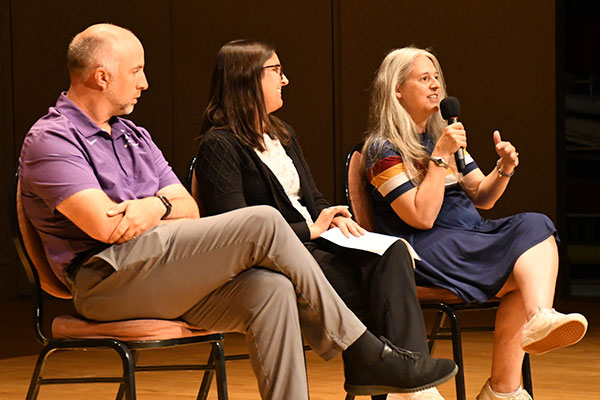 Matthew Nardo, head football coach; Chalsi Campbell ‘12, campus pastor; and Carrie Mast ‘95, associate pastor of First Mennonite Church, Bluffton, served as panelists for “Faith and Memory in Challenging Times.”